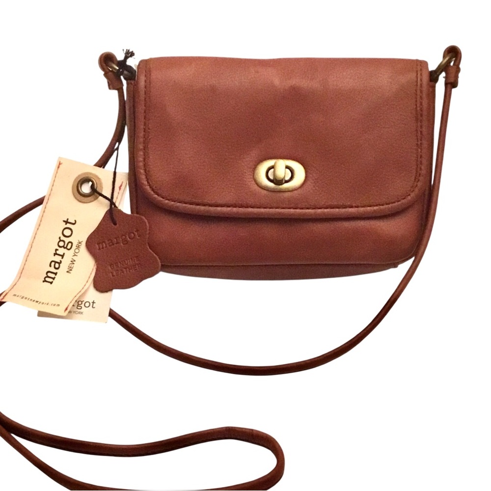 🆕 Margot Vicky Mini Crossbody Bag Cognac Brown Leather Flap Turn Lock Style#2776